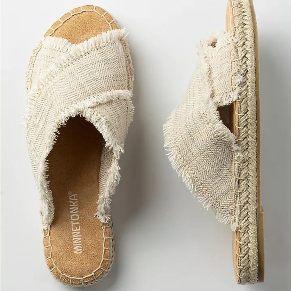 Minnetonka Women's Cream Slip-On Sandals - Picture 2 of 12